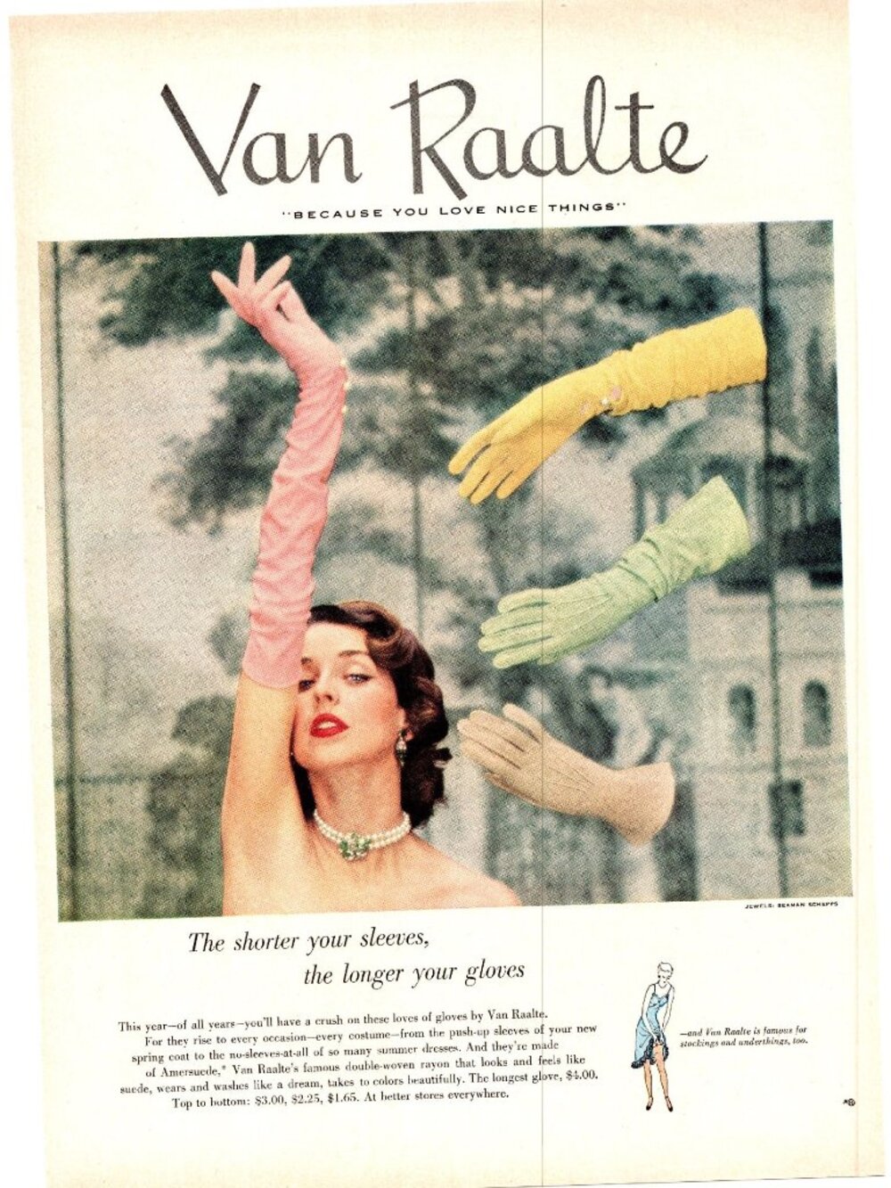 1951 Van Raalte Dress Gloves Vintage Print Ad Lady Pearl Necklace Pearls Art